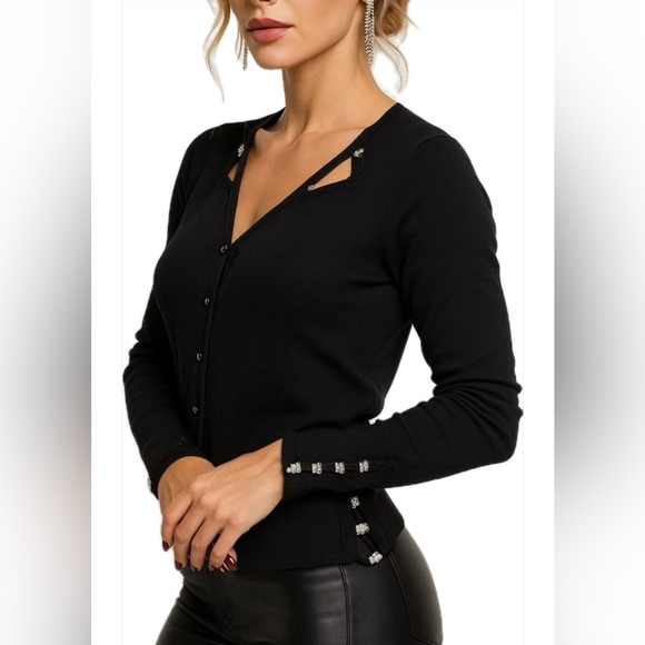 Italian Luxury Designer Roberta Scarpa Rhinestone Trim Black Knit Top Blouse - Picture 11 of 11